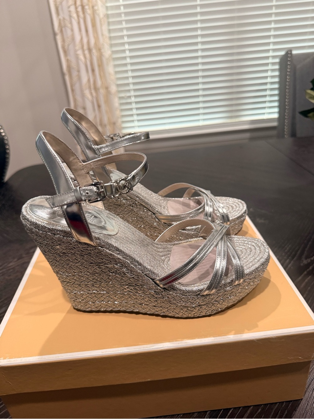 Michael Kors Metallic Silver Espadrille Wedge Sandals - Picture 2 of 3